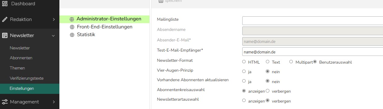 TWT Publisher Content Management System: Newsletter Einstellungen