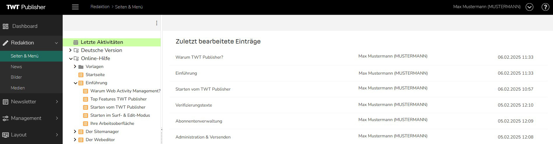 TWT Publisher Content Management System: Arbeitsoberfläche Seiteneigenschaften