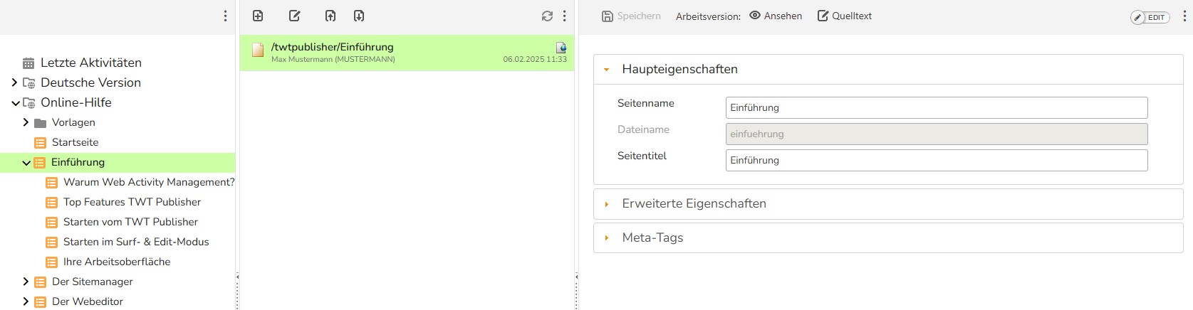 TWT Publisher Content Management System: Arbeitsoberfläche Seiteneigenschaften