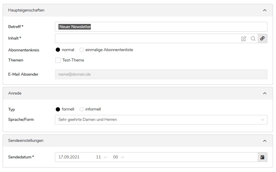 TWT Publisher Content Management System: Newslettereigenschaften