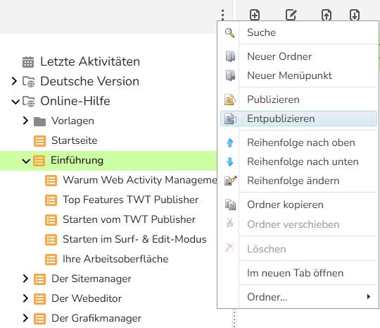 TWT Publisher Content Management System: Menüordner entpublizieren