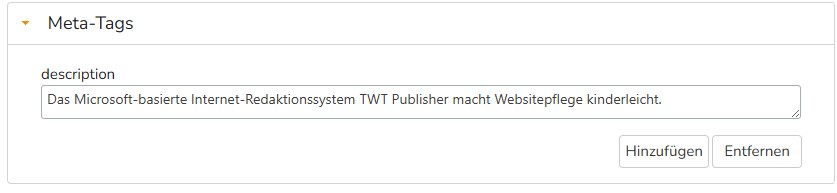 TWT Publisher Content Management System: Meta-Tags hinzufügen