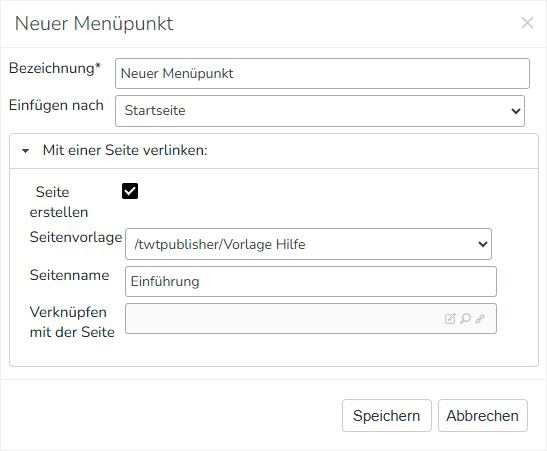 TWT Publisher Content Management System: Hinzufügen eines neuen Menüpunktes samt Seite