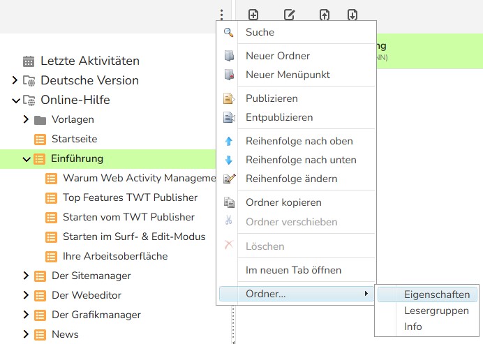 TWT Publisher Content Management System: Aufruf der Ordnereigenschaften