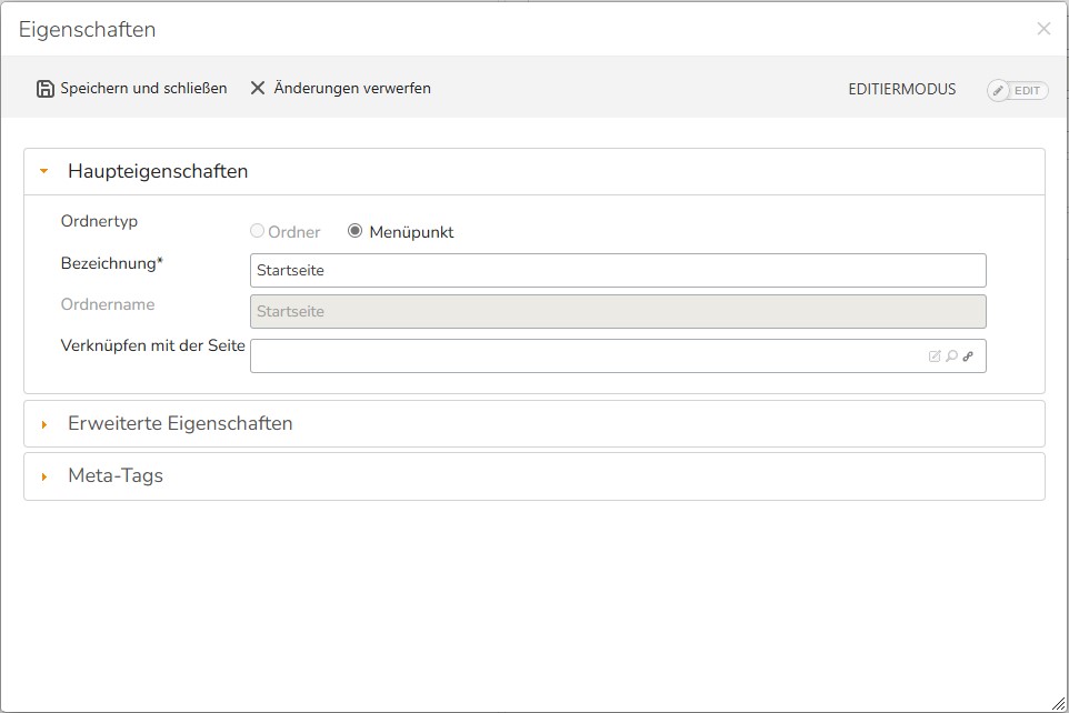 TWT Publisher Content Management System: Aufruf der Ordnereigenschaften