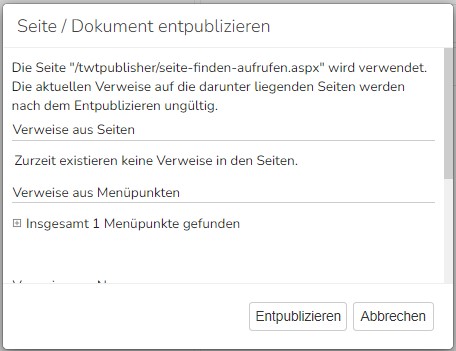 TWT Publisher Content Management System: Bestätigung der Entpublizierung einer Seite