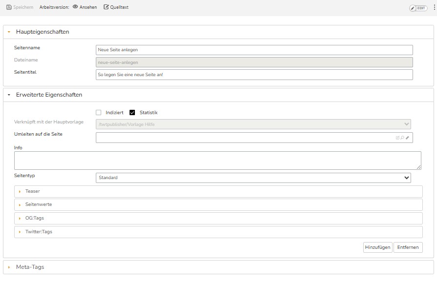 TWT Publisher Content Management System: Seiteneigenschaften