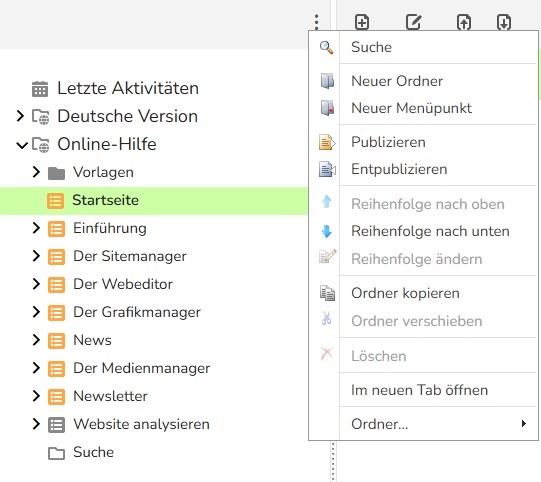 TWT Publisher Content Management System: Menüleiste der Seite